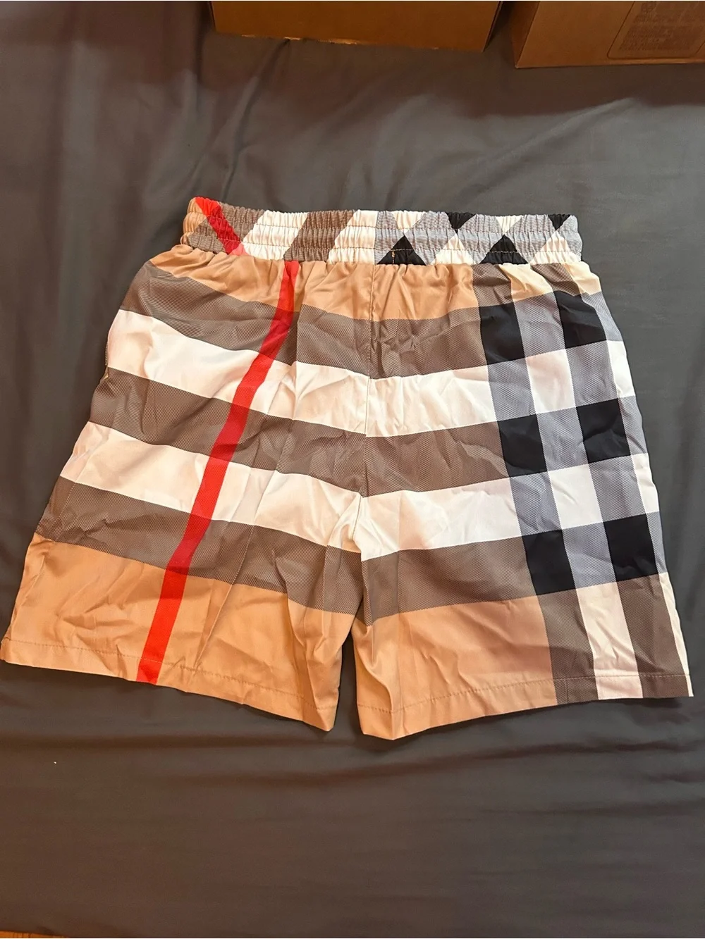 Burberry Beige Plaid Swim Trunks with Red Stripe